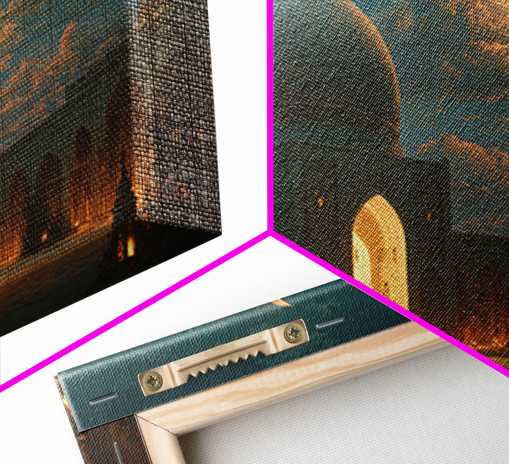 Crescent Moon Mosque Courtyard Framed Canvas Print, Islamic Wall Art, Ramadan Decor, Arabic Architecture Gift For Prayer Room Decor