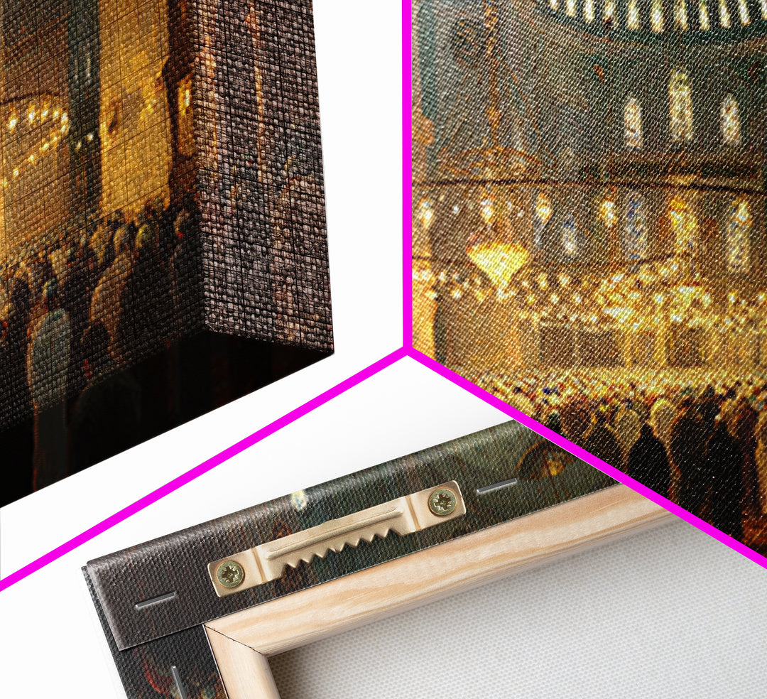 Golden Mosque Prayer Hall Interior Wall Art, Islamic Architecture Framed Canvas Print, Spiritual Decor, Eid Gift For Home