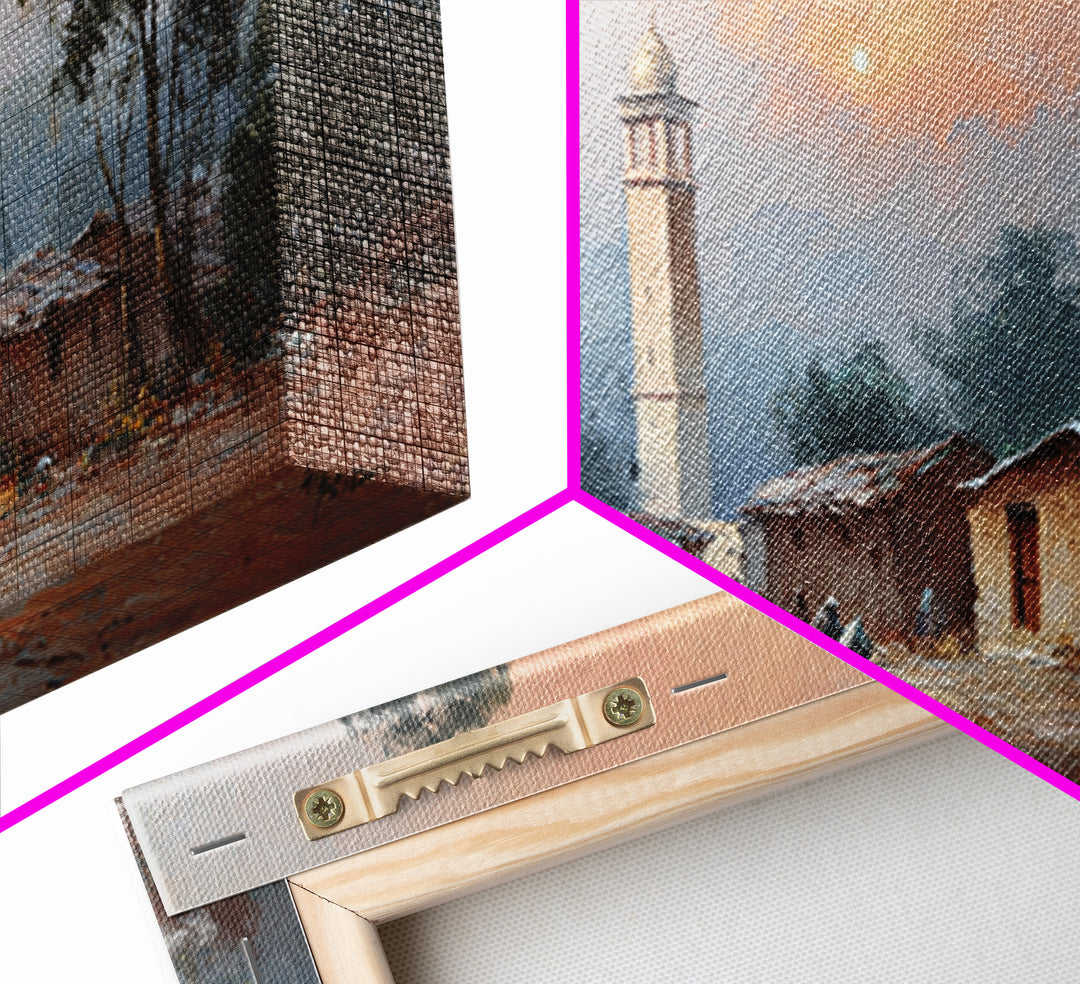 Sunset Mosque Village And Misty Rural Landscape Canvas Print, Country Wall Art, Rustic Home Decor, Housewarming Gift, Fine Art Print