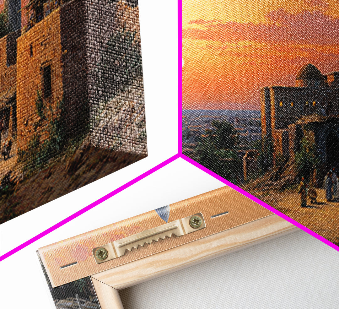 Sunset Village With Stone Mosque Wall Art, Middle Eastern Travel Poster, Islamic Home Decor, Warm Landscape Print, Gift Idea