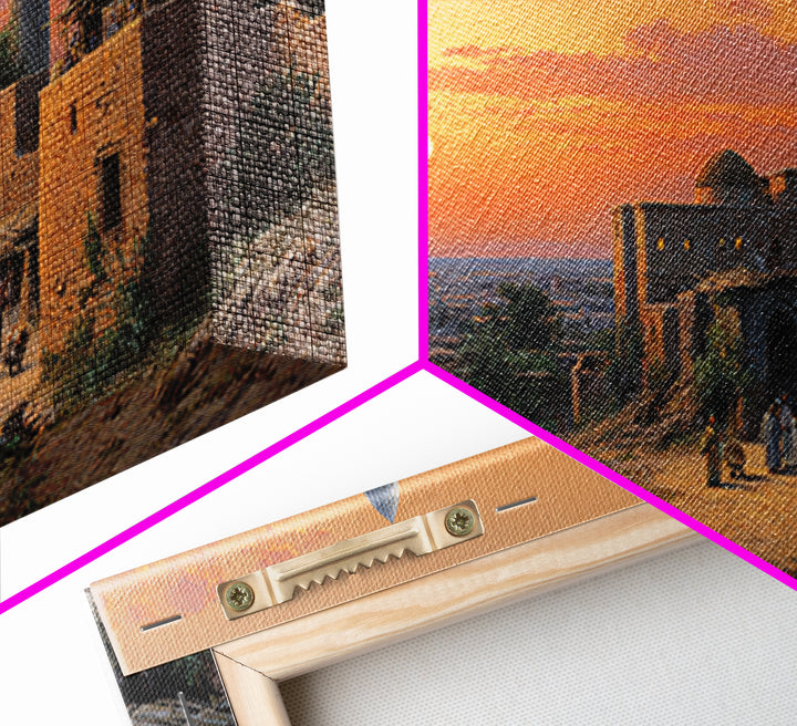 Sunset Village With Stone Mosque Wall Art, Middle Eastern Travel Poster, Islamic Home Decor, Warm Landscape Print, Gift Idea