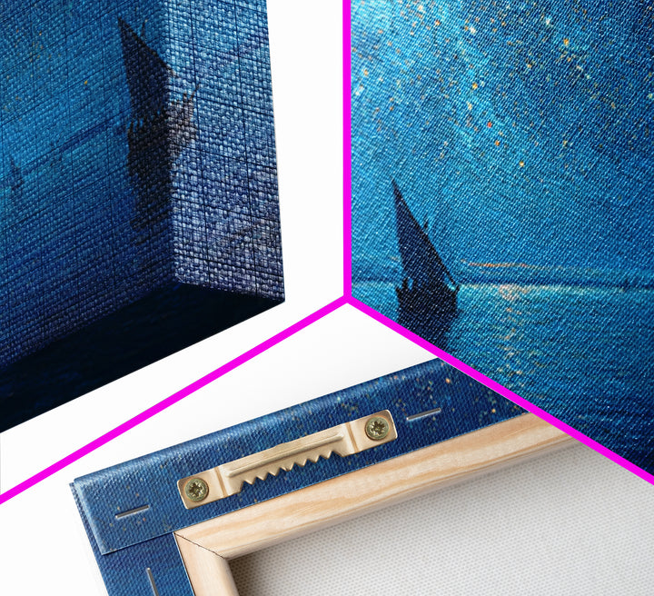 Starry Blue Night Sailboats Canvas Print, Nautical Seascape Wall Art, Coastal Bedroom Decor, Ocean Housewarming Gift For Her