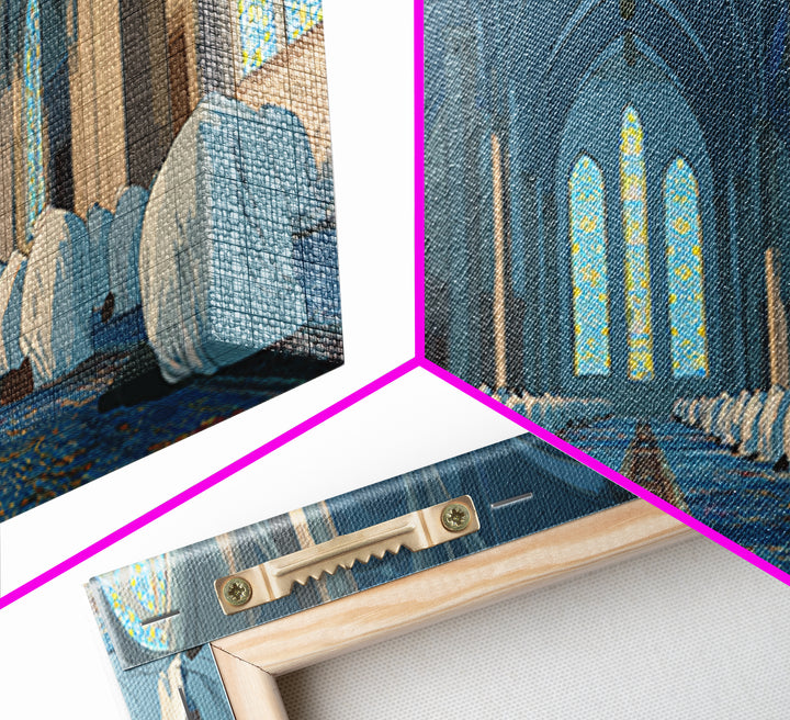 Praying Worshippers In Blue Mosque Framed Canvas Print, Islamic Wall Art, Spiritual Home Decor, Ramadan Housewarming Gift