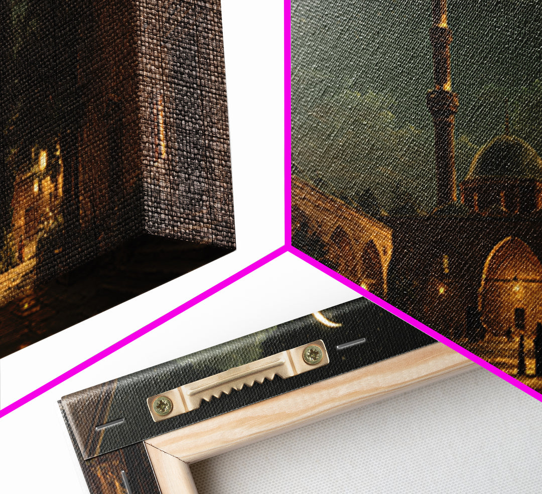 Crescent Moon Mosque Courtyard Wall Art, Islamic Framed Canvas Print, Celestial Night Decor For Prayer Room And Living Room