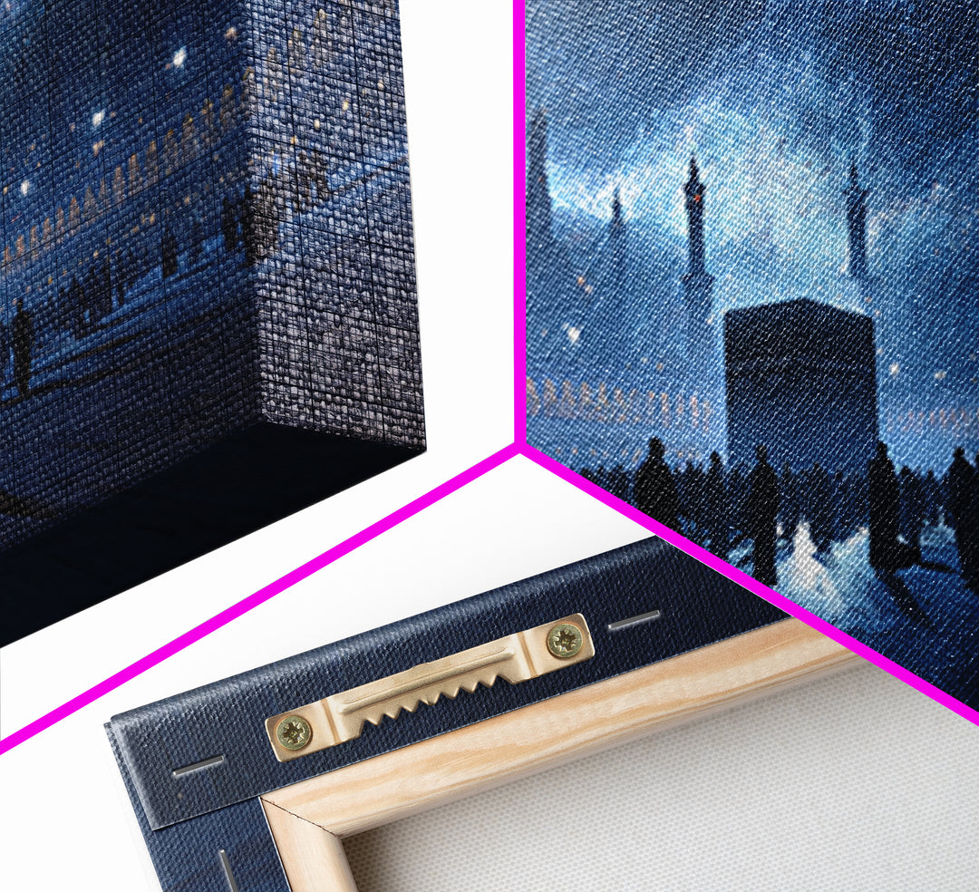 Kaaba Under Starry Blue Night Wall Art, Islamic Architecture Canvas Print, Ramadan Decor, Spiritual Travel Poster Gift Idea