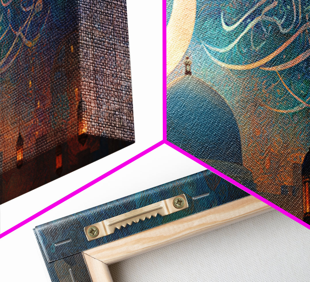 Crescent Moon Mosque And Arabic Calligraphy Wall Art, Islamic Home Decor, Ramadan Gift, Teal Blue Prayer Room Decor Canvas Print