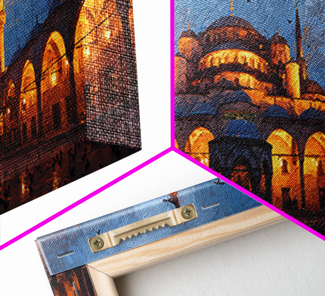 Illuminated Mosque Courtyard Wall Art, Islamic Architecture Canvas Print, Blue Evening Decor, Prayer Room Decor, Eid Gift