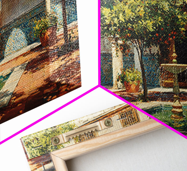 Moroccan Courtyard With Orange Trees Framed Canvas Print, Mediterranean Wall Art, Islamic Architecture Home Decor Gift Idea