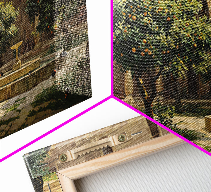 Orange Tree Courtyard Wall Art, Mediterranean Garden Canvas Print, Italian Villa Decor, Rustic Landscape, Housewarming Gift