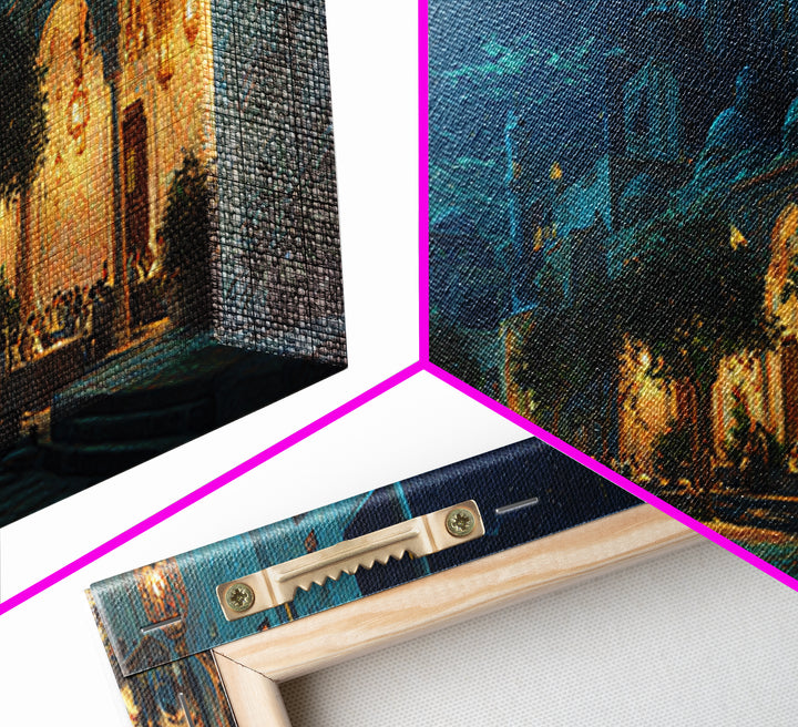 Moonlit Middle Eastern Market Street Wall Art, Islamic Architecture Canvas Print, Ramadan Decor, Moroccan Night Poster, Eid Gift