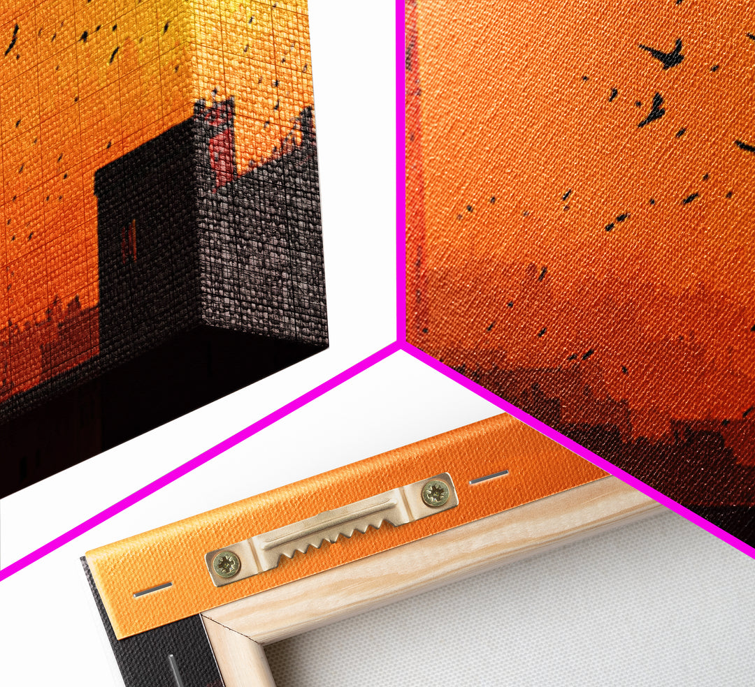 Orange Marrakech Skyline Wall Art, Moroccan Tower Sunset Canvas Print, Travel Poster, Islamic Architecture, Warm Home Decor