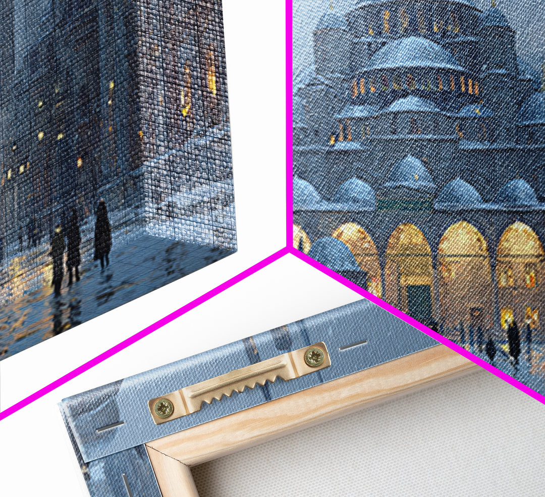 Snowy Istanbul Mosque Framed Canvas Print, Islamic Architecture Wall Art, Blue Winter Cityscape, Elegant Home Decor Gift
