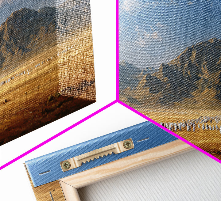Desert Pilgrimage Beneath Rugged Mountains Framed Canvas Print, Islamic Wall Art, Panoramic Landscape Home Decor Gift Idea