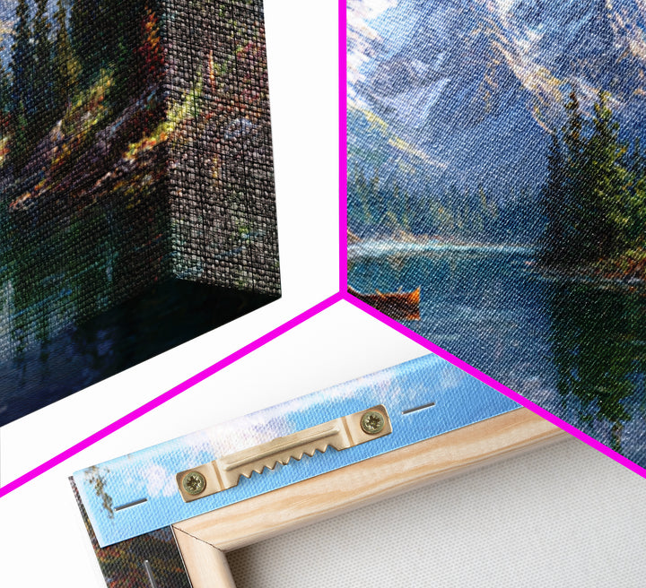 Snowy Mountain Lake With Canoe Framed Canvas Print, Alpine Landscape Wall Art, Rustic Cabin Decor, Nature Gift For Living Room