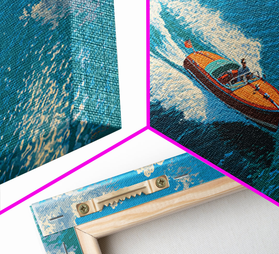 Orange Speedboat On Blue Ocean Canvas Print, Coastal Wall Art, Nautical Beach House Decor, Summer Travel Gift For Him, Art Print