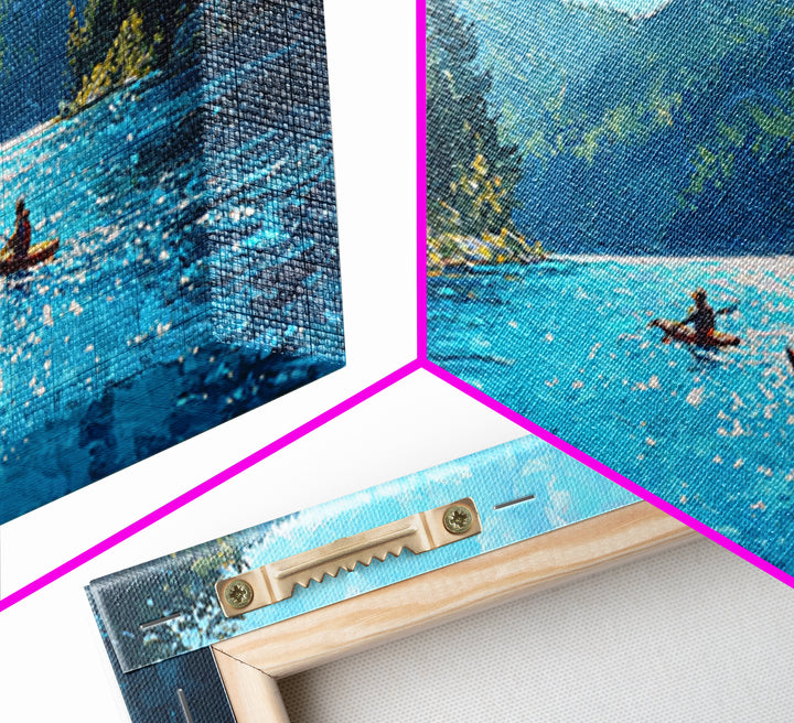 Kayakers On Blue Mountain Lake Wall Art, Forest Landscape Canvas Print, Calming Nature Decor, Serene Cabin Living Room Wall Art