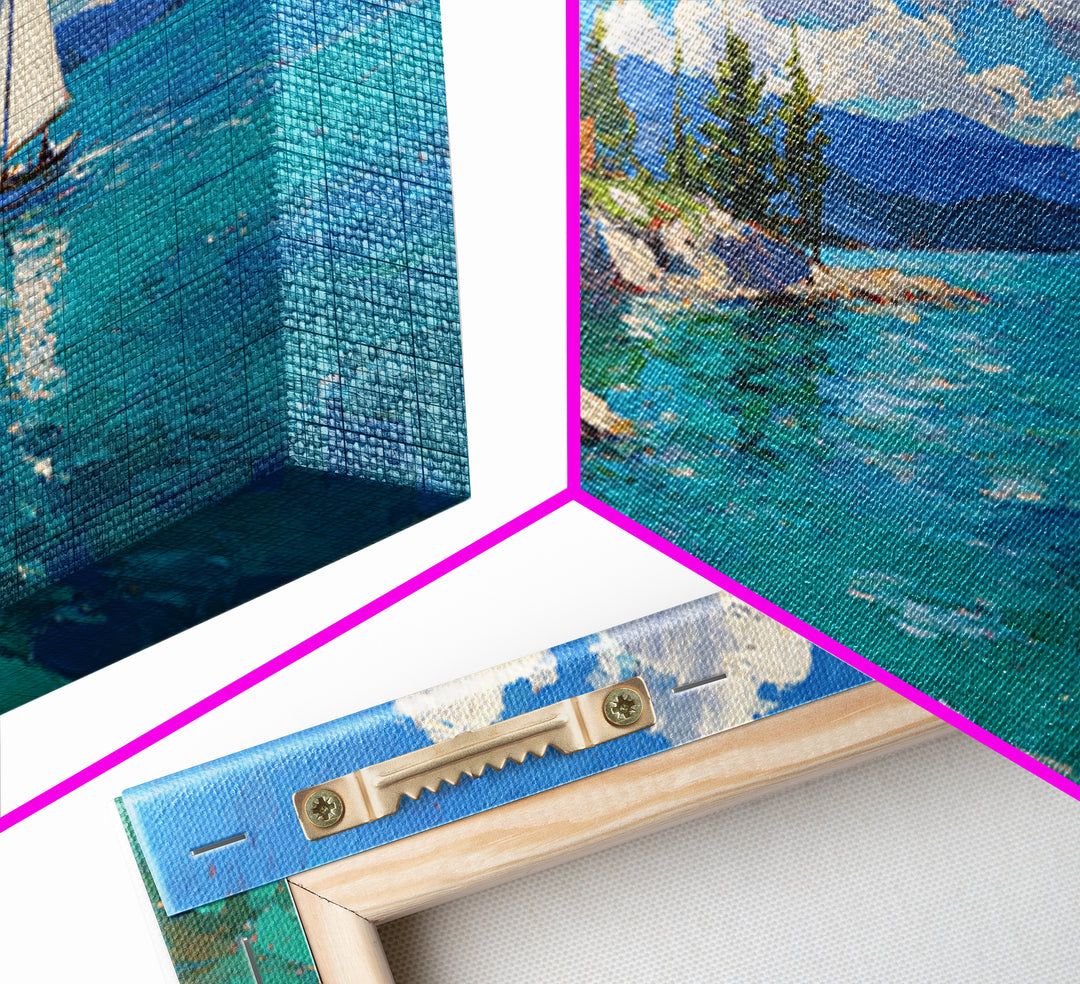 White Sailboat On Turquoise Lake Wall Art, Coastal Landscape Canvas Print, Nautical Decor, Beach House Living Room Wall Art