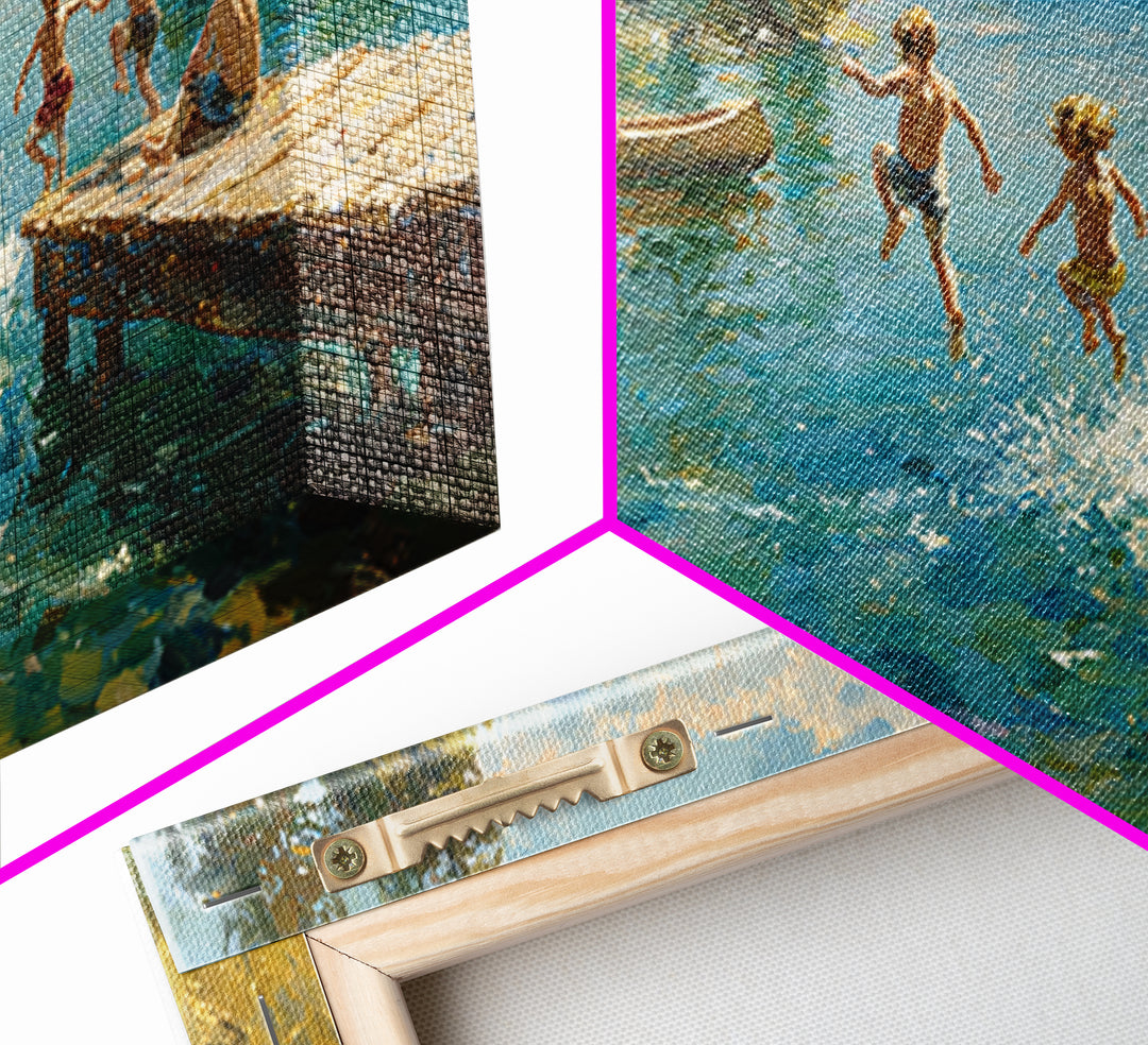 Children Jumping Into Summer Lake Canvas Print, Impressionist Landscape Wall Art, Cabin Decor, Lake House Art, Family Gift