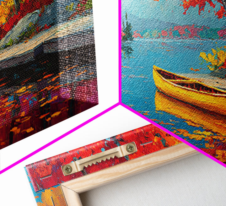 Autumn Canoe Lake Painting Canvas Print, Colorful Fall Landscape Wall Art, Lake House Decor, Rustic Cabin Living Room Art