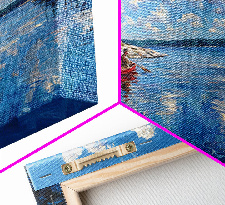 Red Kayak Mountain Lake Wall Art, Blue Water Landscape Canvas, Peaceful Cabin Decor For Lake House, Nature Art Print Gift