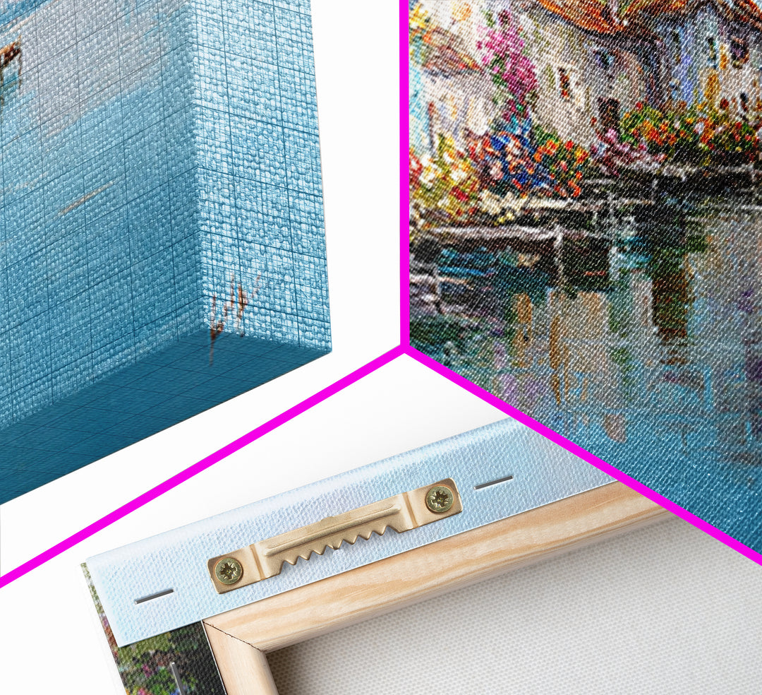 Mediterranean Village Reflected On Blue Water Wall Art, Italian Coastal Canvas Print, Lake Como Decor, European Home Decor