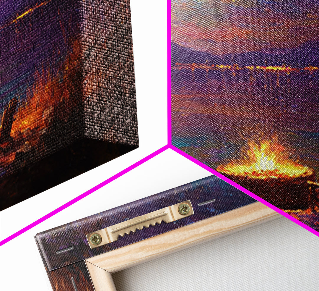 Campfire By Starlit Mountain Lake Canvas Print, Cozy Cabin Wall Decor, Rustic Landscape Art, Nature Lover Home Decor Gift