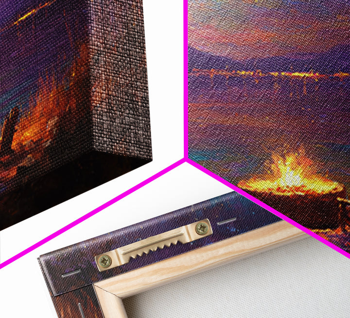 Campfire By Starlit Mountain Lake Canvas Print, Cozy Cabin Wall Decor, Rustic Landscape Art, Nature Lover Home Decor Gift