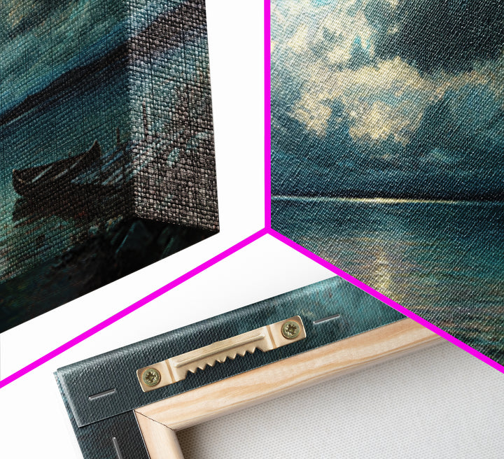 Stormy Moonlit Lake With Rowboat Wall Art, Moody Seascape Canvas Print, Dark Coastal Landscape Art, Living Room Decor, Office Decor