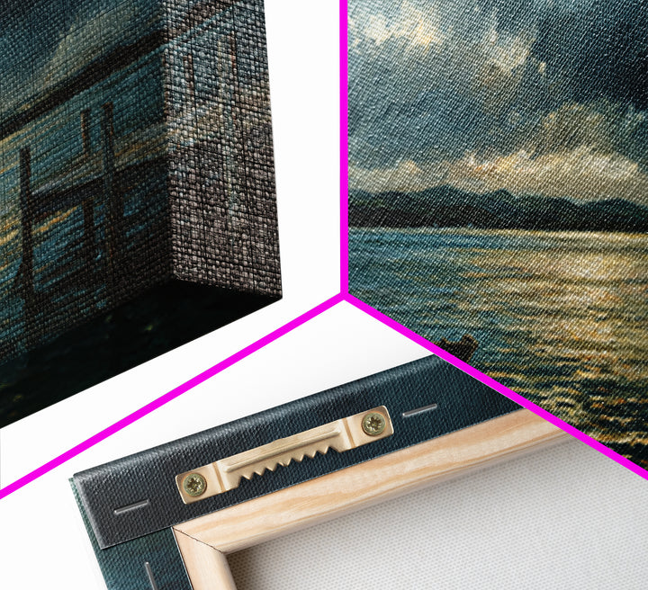 Stormy Row Boat And Wooden Dock Seascape Wall Art, Moody Ocean Canvas Print, Coastal Decor, Nautical Wall Decor Gift For Him