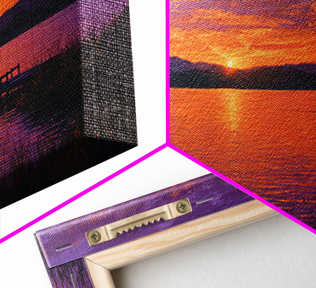 Solitary Figure On Dock At Purple Sunset Wall Art, Framed Canvas Print, Mountain Lake Decor, Peaceful Bedroom Art, Living Room Decor