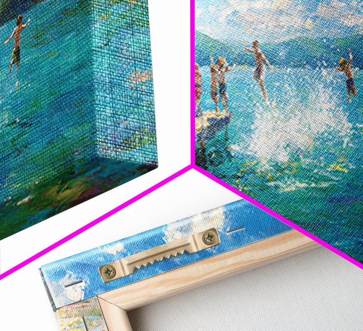 Joyful Summer Kids Jumping Into Blue Lake Artwork, Vibrant Landscape Canvas Print, Wall Art For Family Room And Children's Bedroom Decor