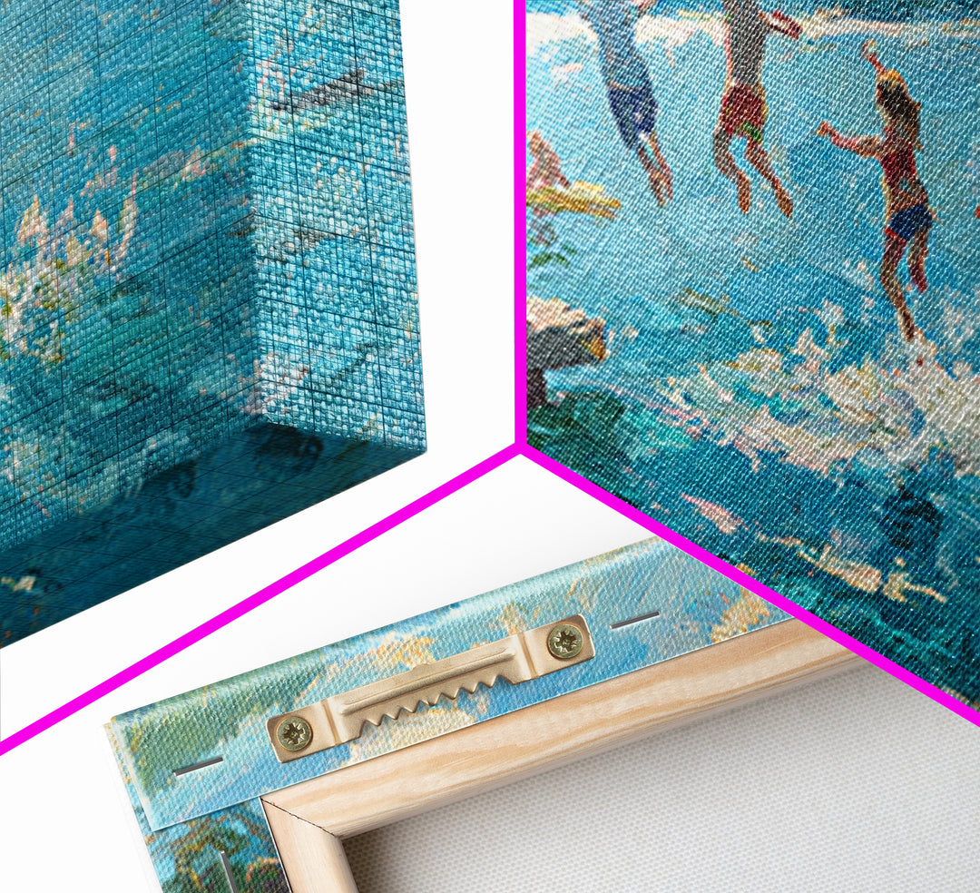 Children Jumping Into Lake On Summer Day With Vibrant Blue Water And Green Landscape Wall Art Canvas Print For Home Decor