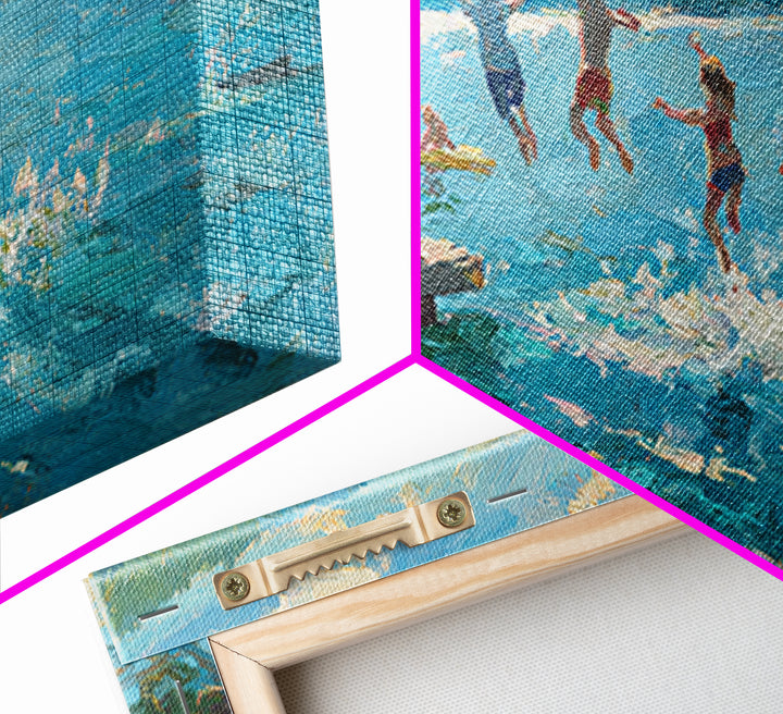 Children Jumping Into Lake On Summer Day With Vibrant Blue Water And Green Landscape Wall Art Canvas Print For Home Decor