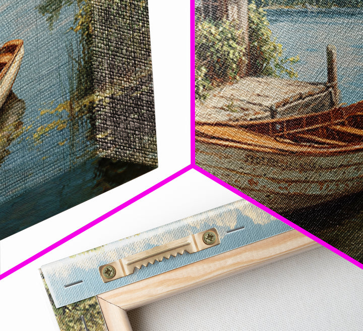 Rustic Waterfront Scene With Wooden Rowboat And Weathered Dock Painting Wall Art Canvas Print For Living Room Decor