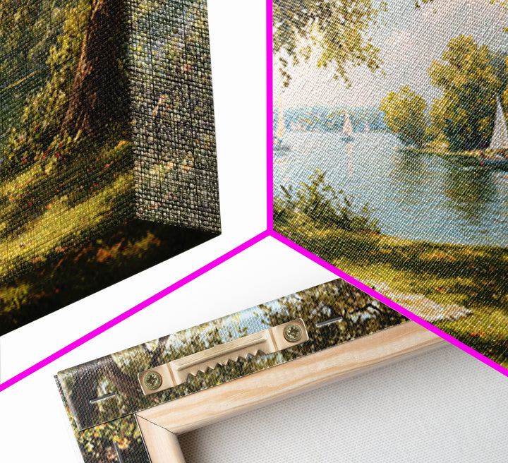 Idyllic Lakeside Picnic Scene With Trees And Sailboats Wall Art Framed Canvas Print For Living Room Decor