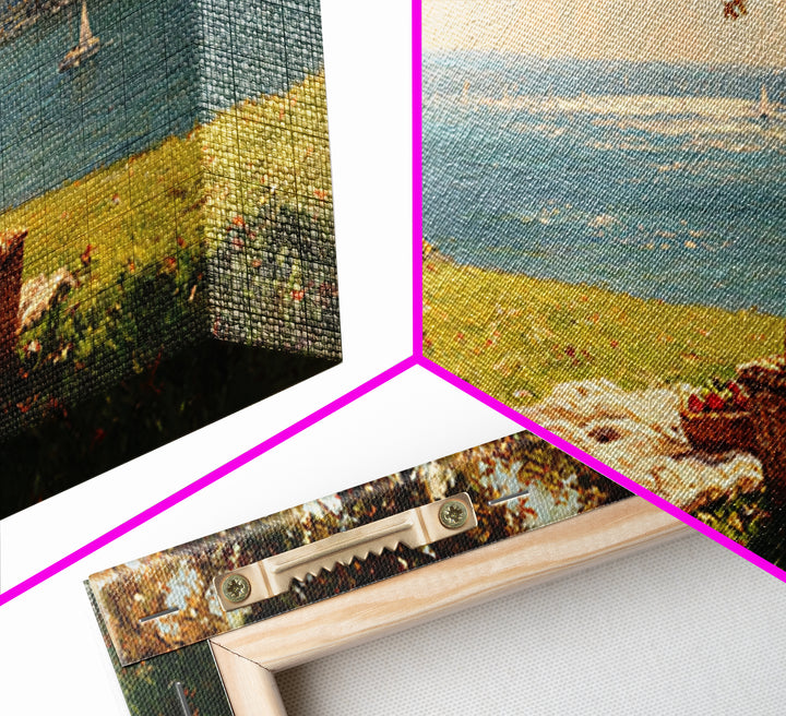 Sunlit Picnic Scene Overlooking Blue Lake With Sailboats Wall Art Framed Canvas Print Coastal Decor