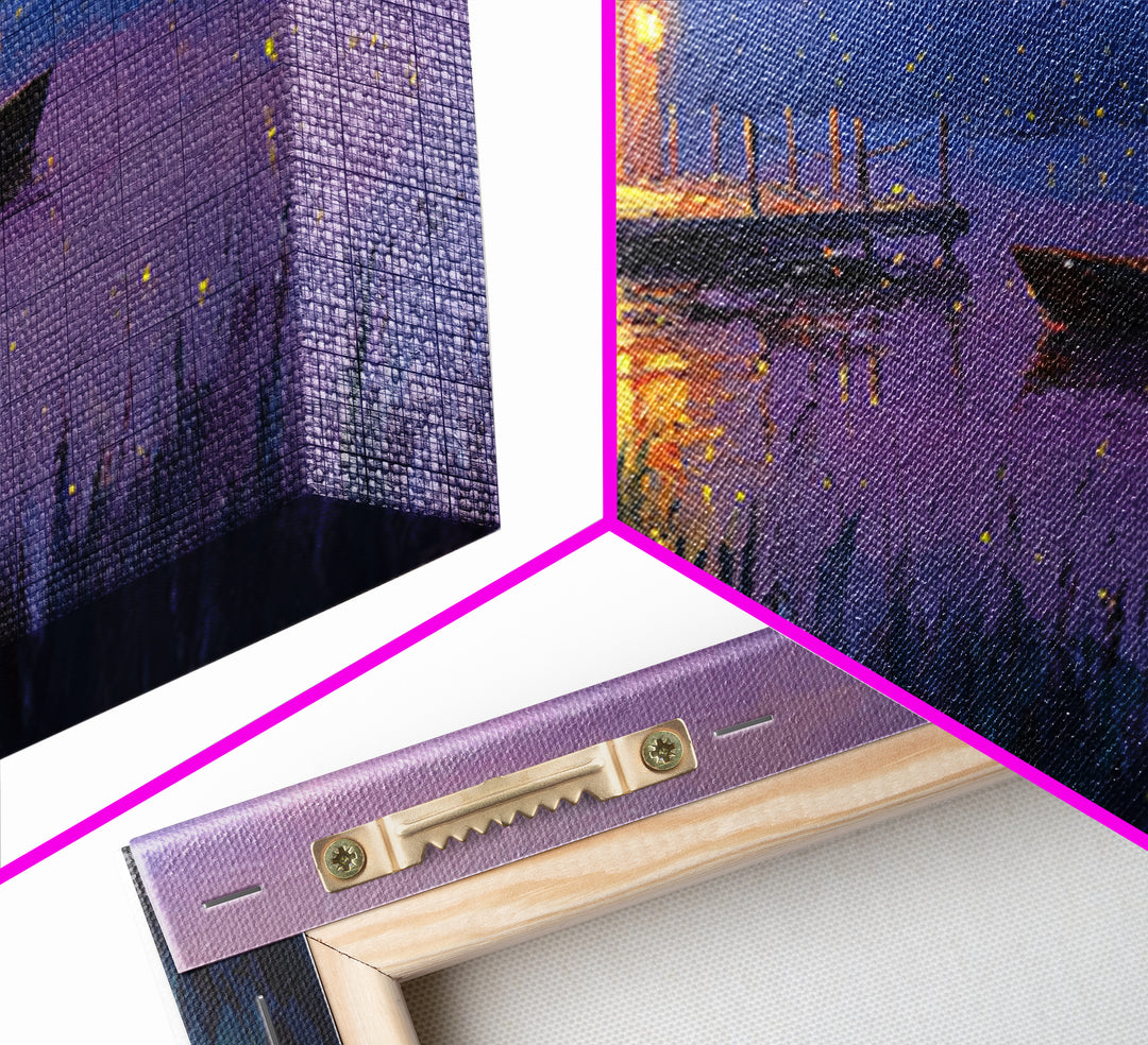 Romantic Evening Lakeside Cabin Oil Painting Wall Art With Fireflies Charming Landscape Decor