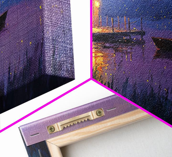 Romantic Evening Lakeside Cabin Oil Painting Wall Art With Fireflies Charming Landscape Decor