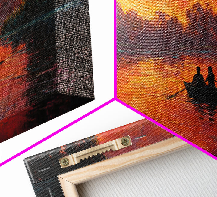 Romantic Couple In Rowboat At Fiery Sunset Lake Scene Oil Painting Wall Art Ideal For Cozy Bedroom Decor Or Rustic Living Room Framed Canvas Print