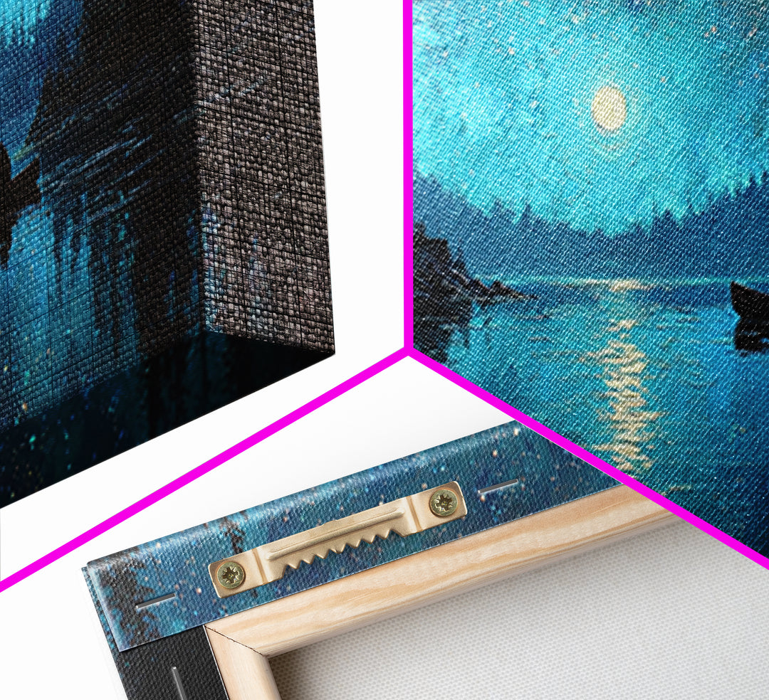 Starry Night Landscape With Canoeists On A Moonlit Lake Original Oil Painting Wall Art