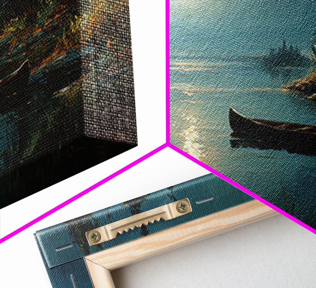 Calm Moonlit Lake Scene With Canoe And Forest Landscape Original Painting Wall Art Canvas Print Home Decor