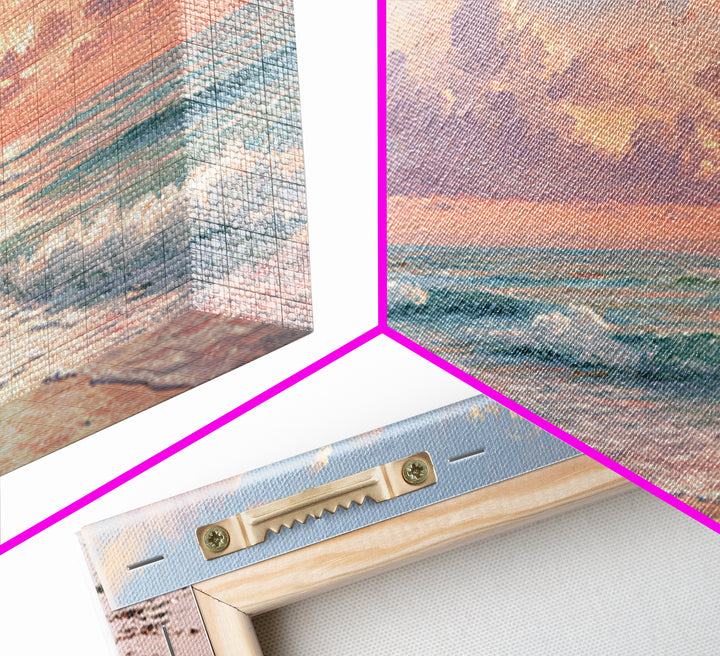 Pink Cloud Beach Sunrise Framed Canvas Print, Coastal Wall Art, Ocean Waves Seascape, Beach House Decor, Living Room Decor