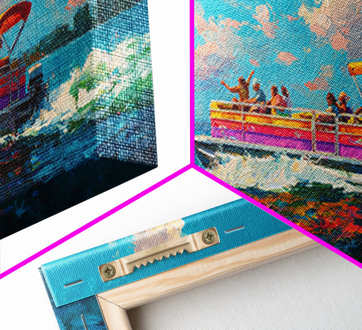 Vibrant Party Boat At Sea With Cheerful Passengers At Sunset Wall Art Framed Canvas Print Bright Colorful Coastal Decor