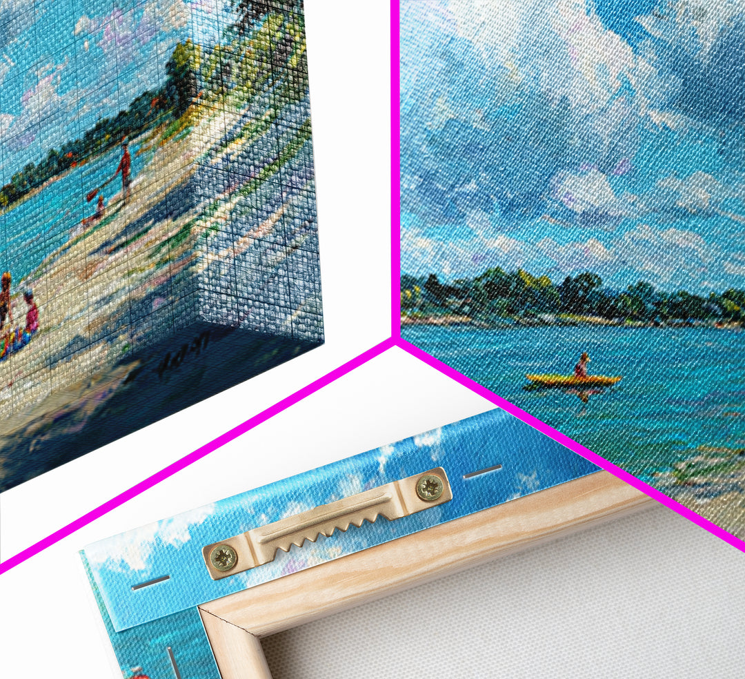 Beautiful Vibrant Oil Painting Of Lake Scene With Kayakers And Blue Sky Canvas Print Large Wall Art Home Decor Living Room Wall Art