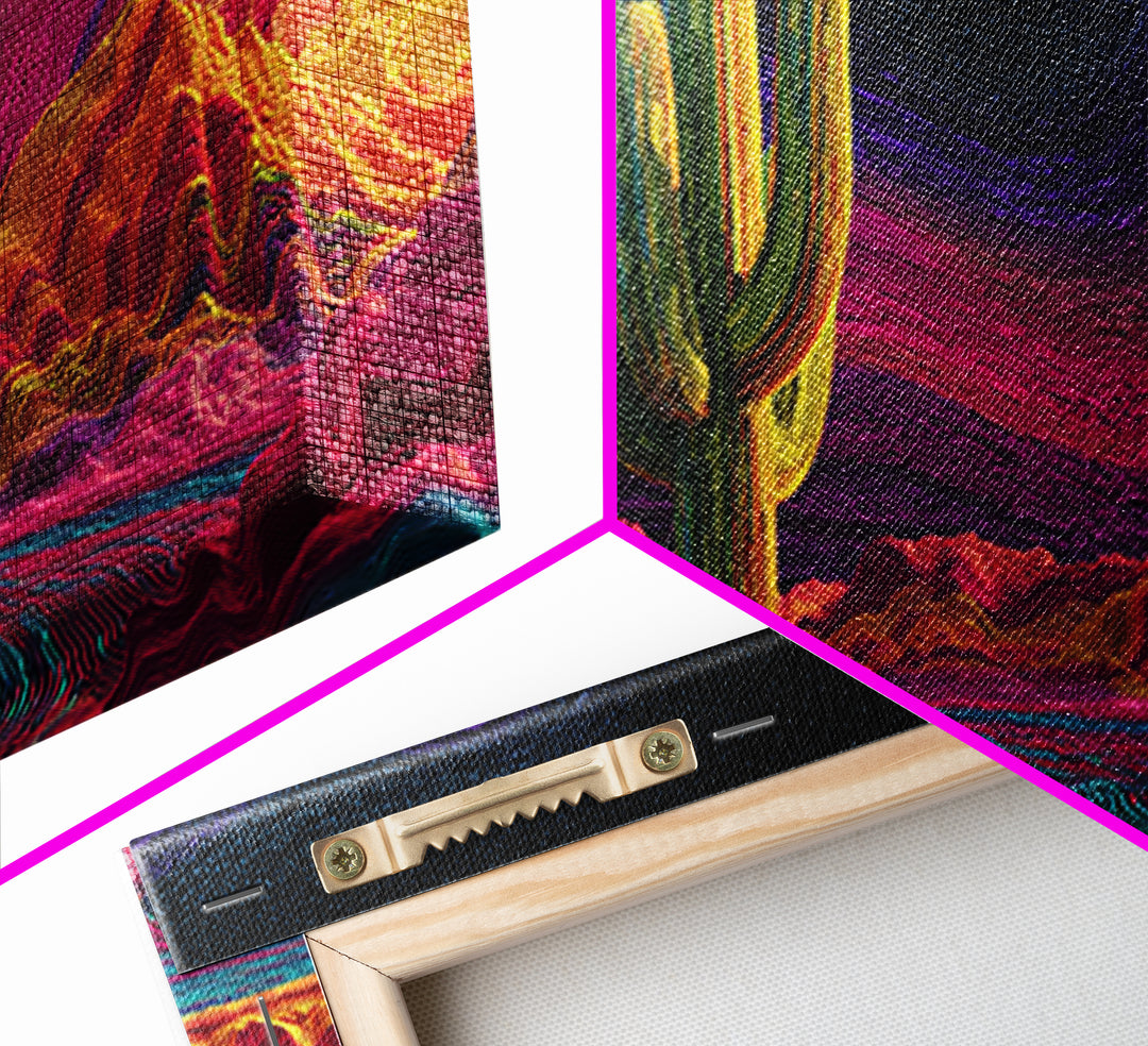 Surreal Abstract Cactus Landscape With Neon Colorful Sky And Textured Brushstrokes Canvas Print Modern Wall Art For Living Room