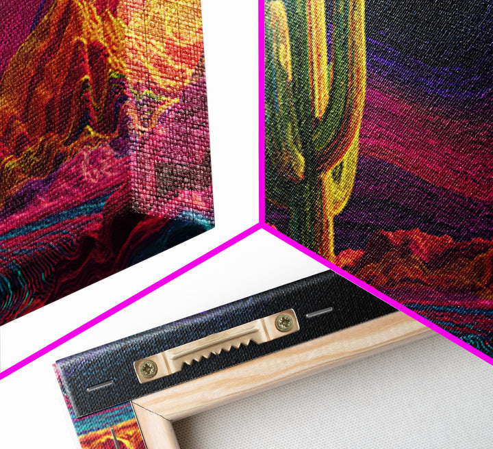 Surreal Abstract Cactus Landscape With Neon Colorful Sky And Textured Brushstrokes Canvas Print Modern Wall Art For Living Room