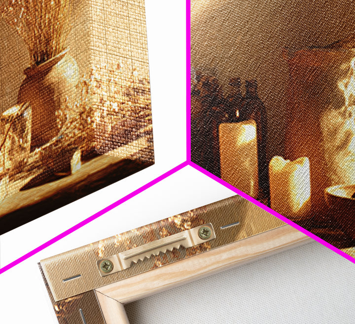 Golden Candle Dried Flower Still Life Wall Art, Neutral Wabi Sabi Decor, Rustic Home Decor, Cozy Framed Canvas Print, Gift