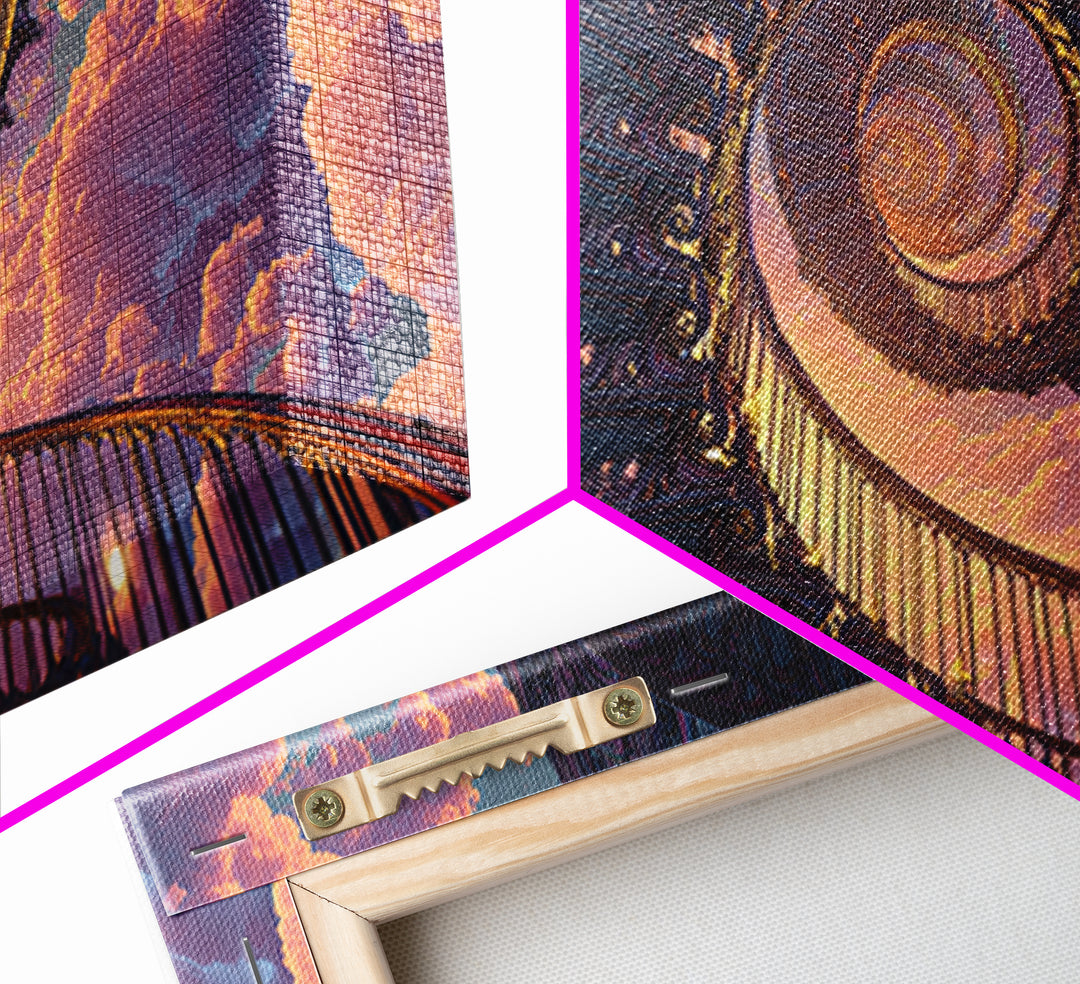 Surreal Spiral Staircase To Sunset Sky With Warm Clouds Canvas Print Dreamy Wall Art For Home Decor