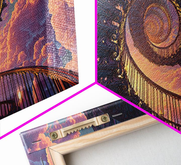 Surreal Spiral Staircase To Sunset Sky With Warm Clouds Canvas Print Dreamy Wall Art For Home Decor
