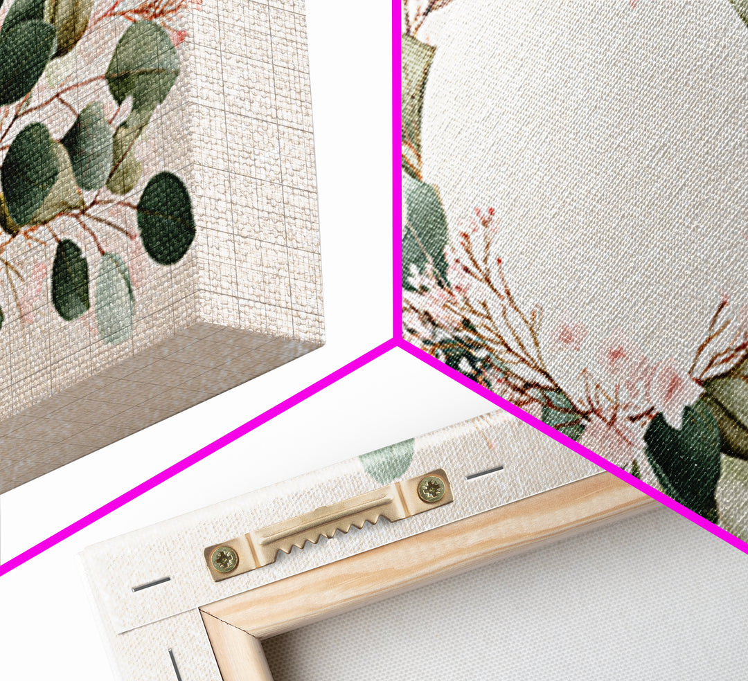 Eucalyptus Floral Wreath Wall Art, Botanical Greenery Print, Neutral Boho Home Decor, Living Room Above Bed Horizontal Canvas